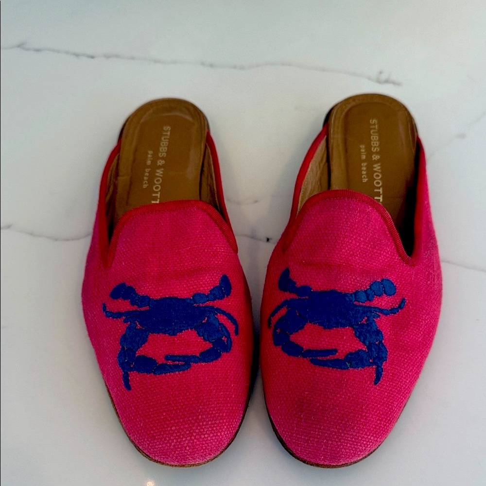 Stubbs & Wootton pink Slipper mules with blue needlepoint Crab Motif Size 9 - Picture 2 of 9